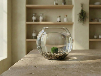 A complete low-maintenance Marimo aquatic terrarium setup on a shelf, suitable for office or home decor.