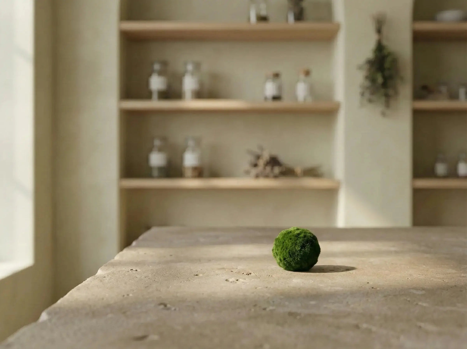 Detailed view of the dense algal filaments of a Marimo ball, illustrating its velvety surface texture out of water.