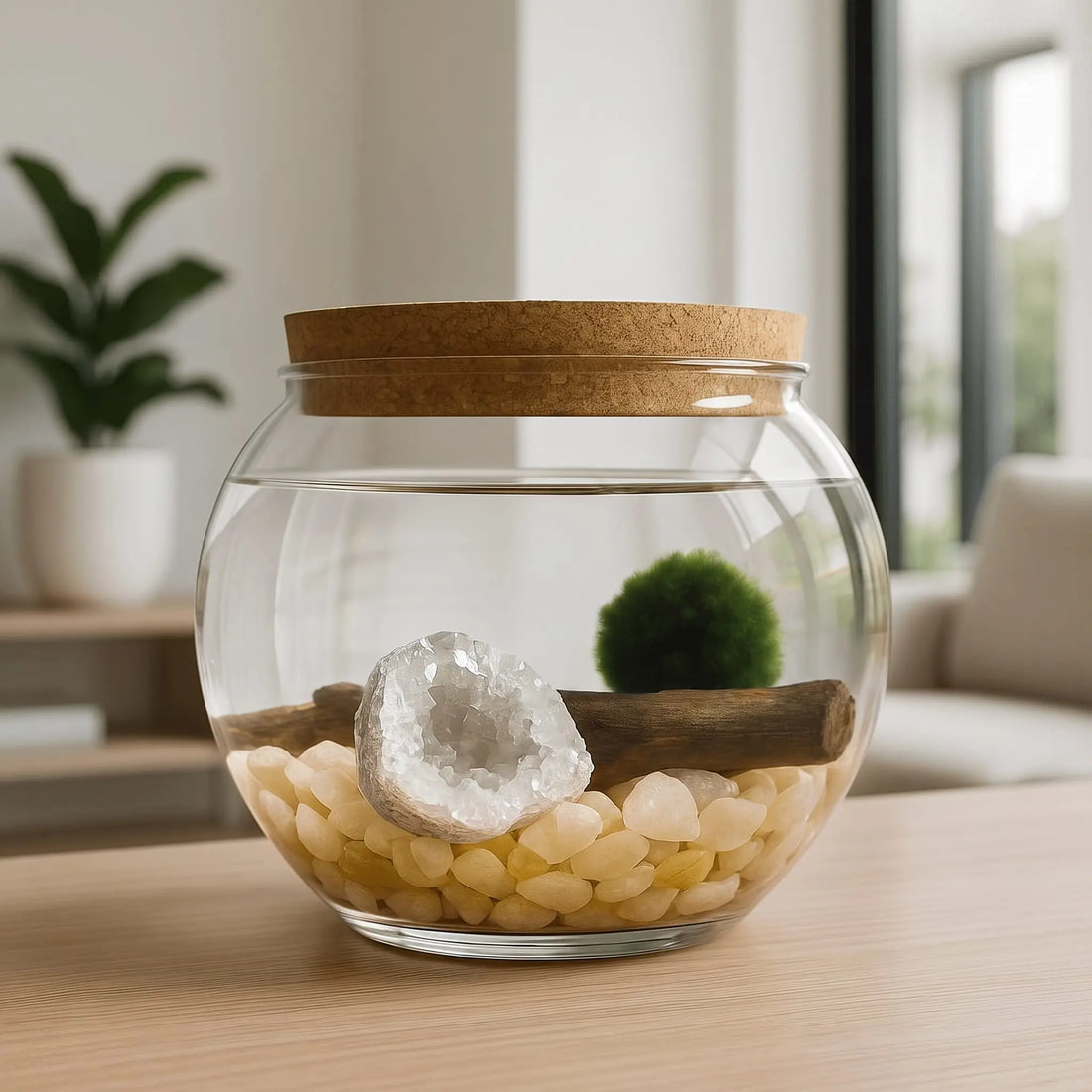 Marimo moss ball aquarium kit with a crystal and driftwood in a lidded glass jar