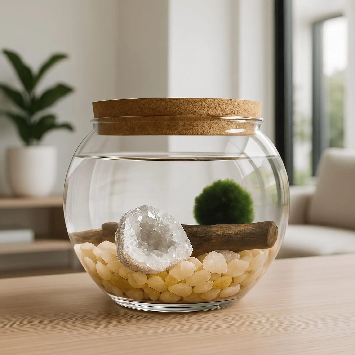 Marimo moss ball aquarium kit with a crystal and driftwood in a lidded glass jar