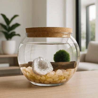 Marimo moss ball aquarium kit with a crystal and driftwood in a lidded glass jar