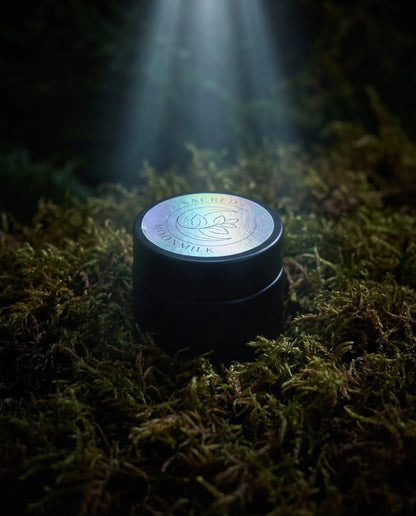 Sealed jar of Moonmilk Botanical Night Balm with holographic moon-and-botanical lid, standing on forest moss in a soft beam of light