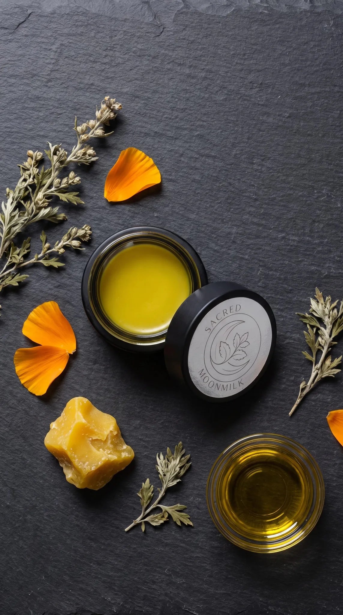 Moonmilk Botanical Night Balm jar resting on lush green moss, evoking the soil-first roots of Sacred Plant Co