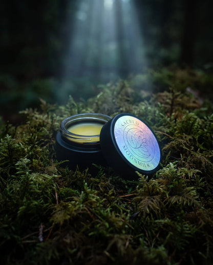 Open jar of Sacred Plant Co Moonmilk Botanical Night Balm with holographic Sacred Moonmilk lid, golden balm visible, on a mossy forest floor in a beam of light
