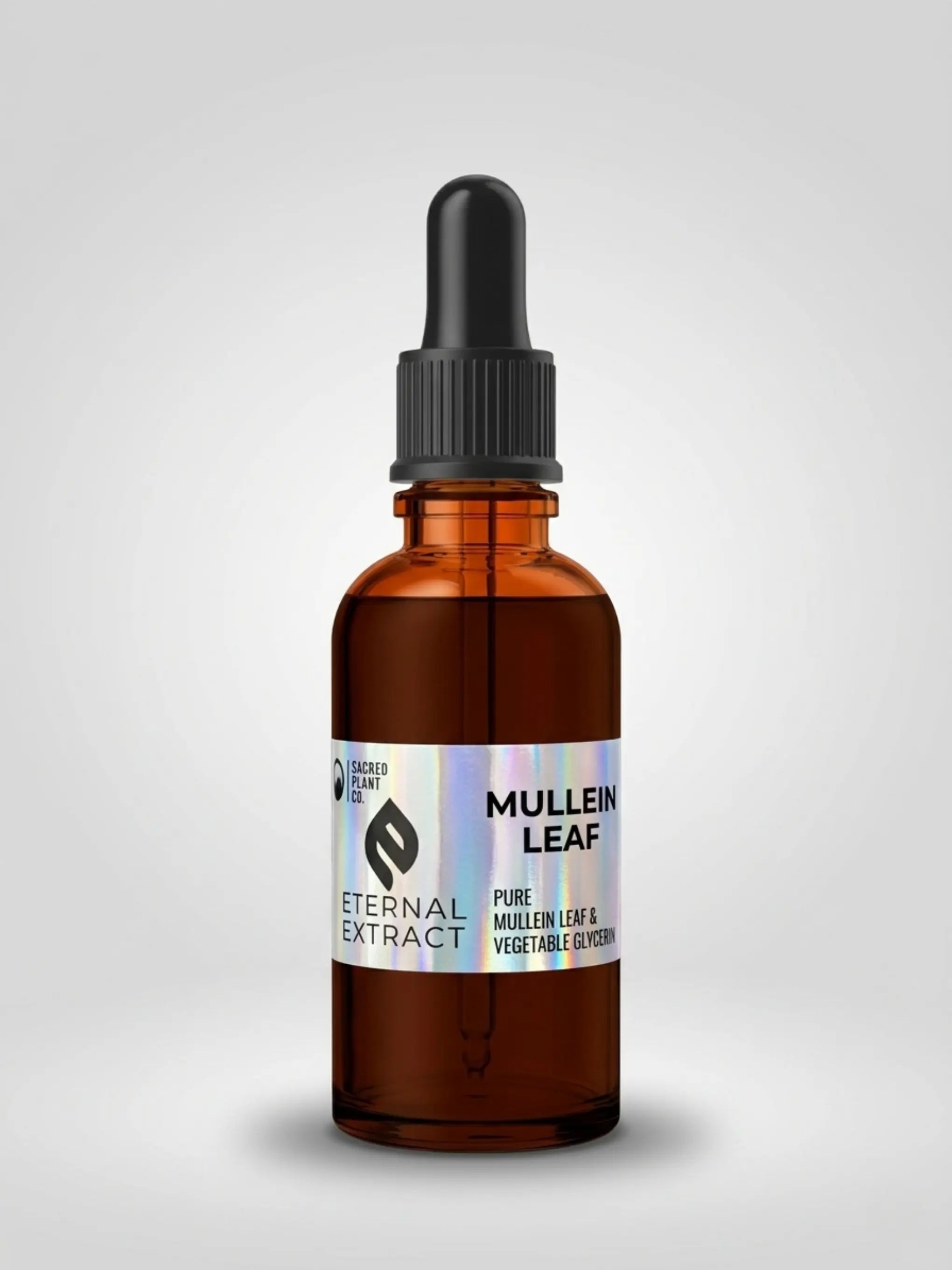 A one-ounce amber glass dropper bottle of Mullein Leaf Tincture by Sacred Plant Co, isolated on a white background. The bottle features a holographic Eternal Extract label detailing it as a pure Mullein Leaf and vegetable glycerin blend, formulated for natural respiratory support and soothing lung relief.