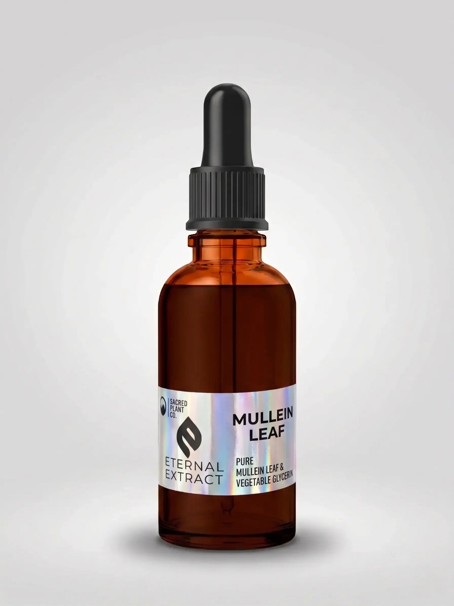 A one-ounce amber glass dropper bottle of Mullein Leaf Tincture by Sacred Plant Co, isolated on a white background. The bottle features a holographic Eternal Extract label detailing it as a pure Mullein Leaf and vegetable glycerin blend, formulated for natural respiratory support and soothing lung relief.
