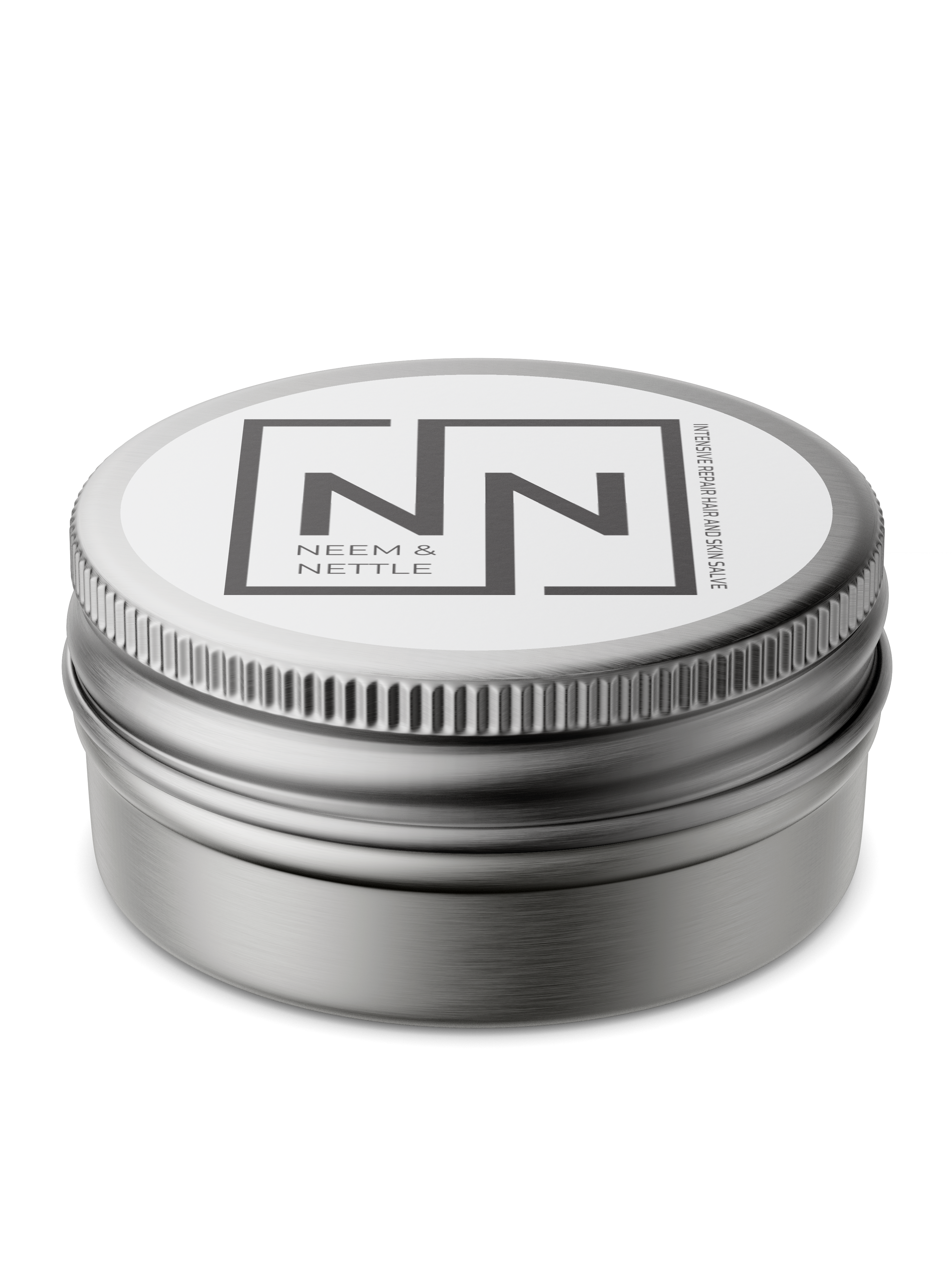 Neem &amp; Nettle Salve tin from Sacred Plant Co, a hair and skin repair salve, highlighting the natural ingredients in a sleek metal container with a modern, minimalist label design.