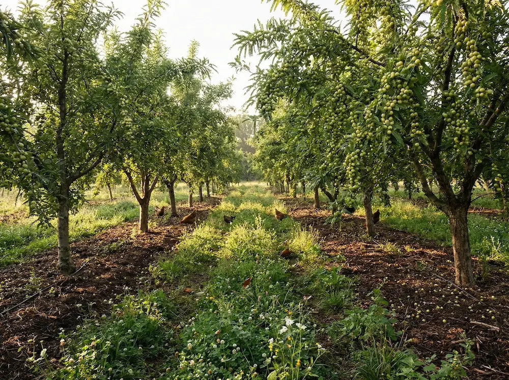 Lush amla trees loaded with green berries in a regenerative orchard, harvested for premium Ayurvedic Indian gooseberry powder.