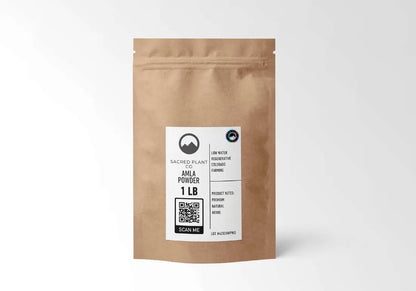 Sacred Plant Co organic amla powder in a 1 lb resealable kraft pouch, featuring a black and white label with QR code and mountain logo.