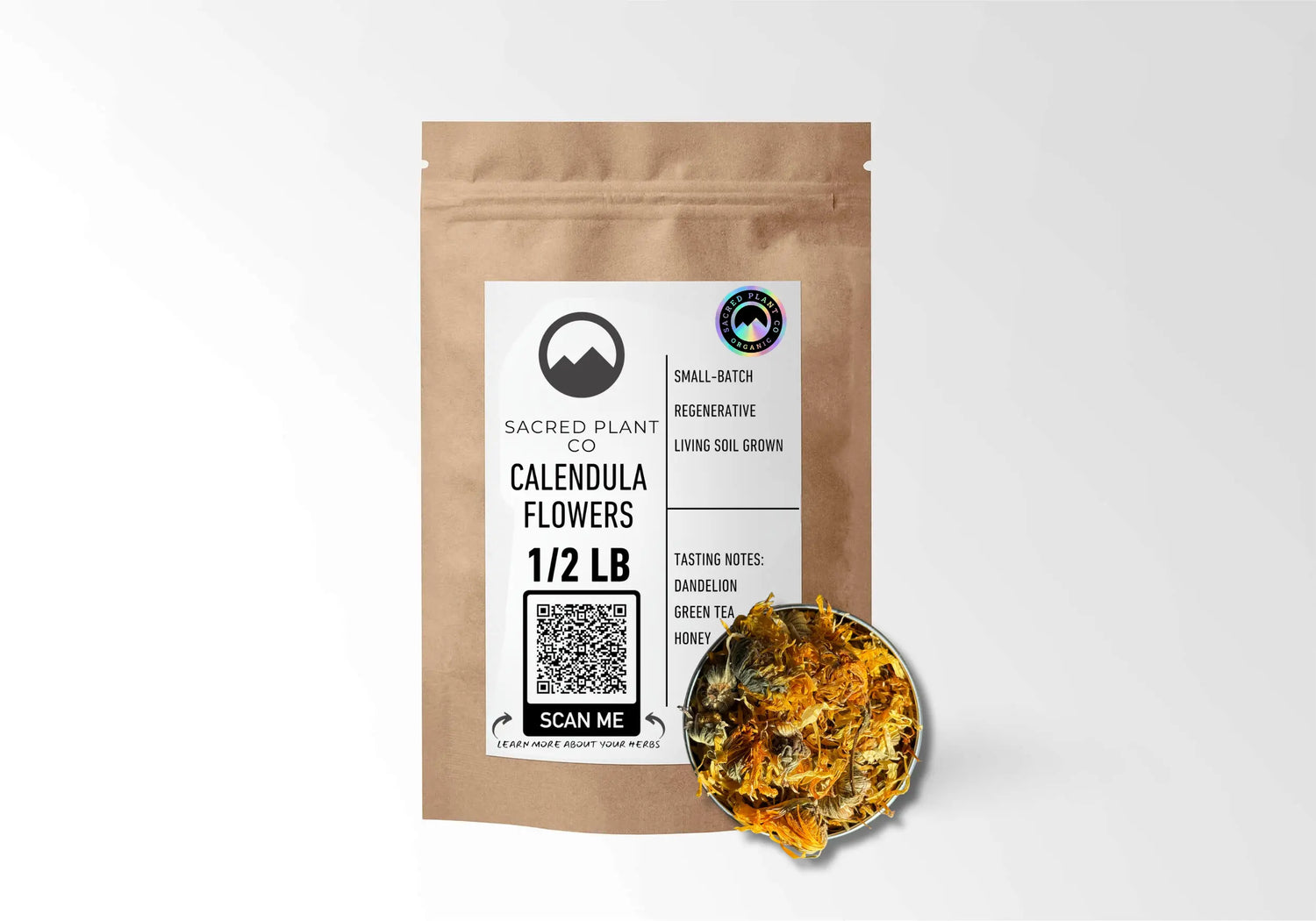 Top-down view of a 1/2 lb bag of organic Calendula flowers next to a metal bowl overflowing with vibrant, whole orange and yellow dried petals.