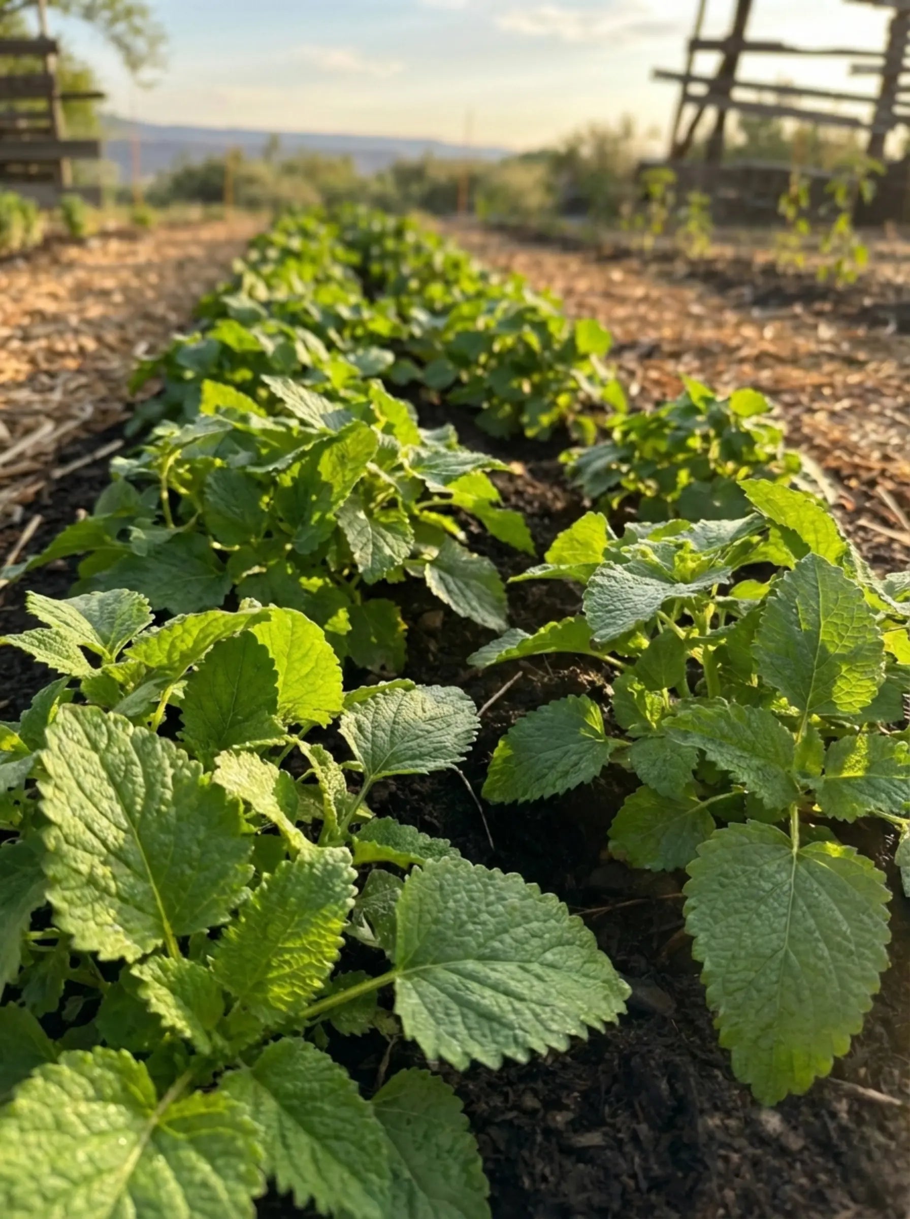 Rows of young lemon balm herbs planted through a thick layer of regenerative organic mulch for moisture retention.