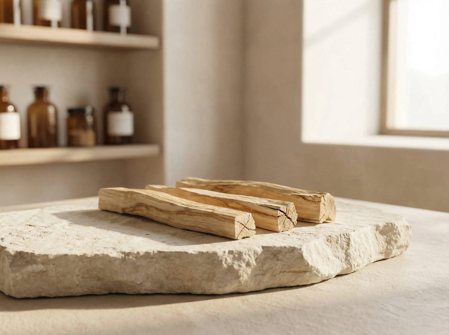 A close-up view of two aged palo santo sticks resting on a textured stone surface. The natural wood grain and resin are visible, highlighting the quality of the wild-harvested, fallen wood product.