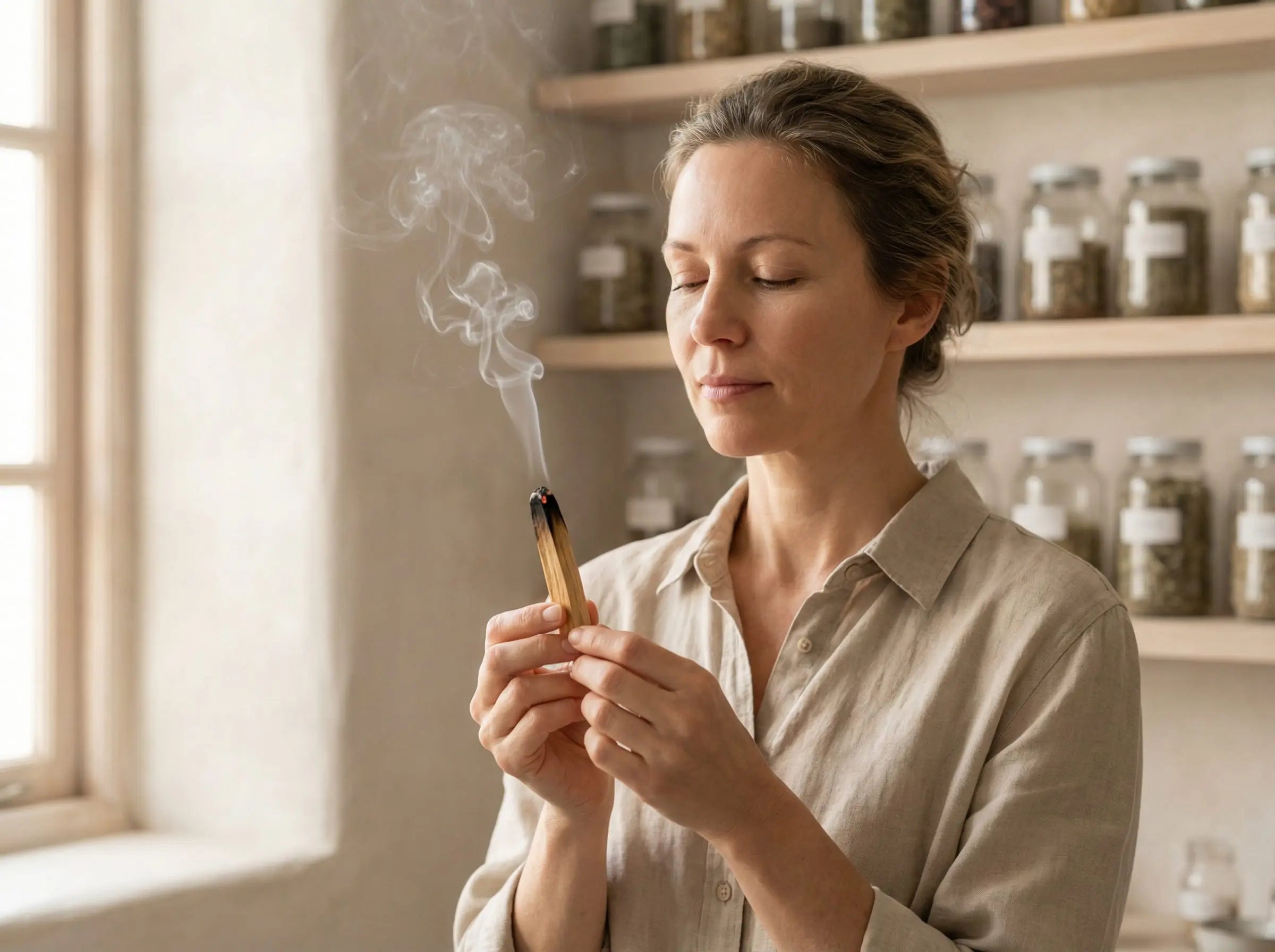 Woman practicing mindfulness meditation using ceremonial grade Palo Santo. She holds a smoking smudge stick, utilizing the ethical holy wood incense for energy clearing and stress relief.