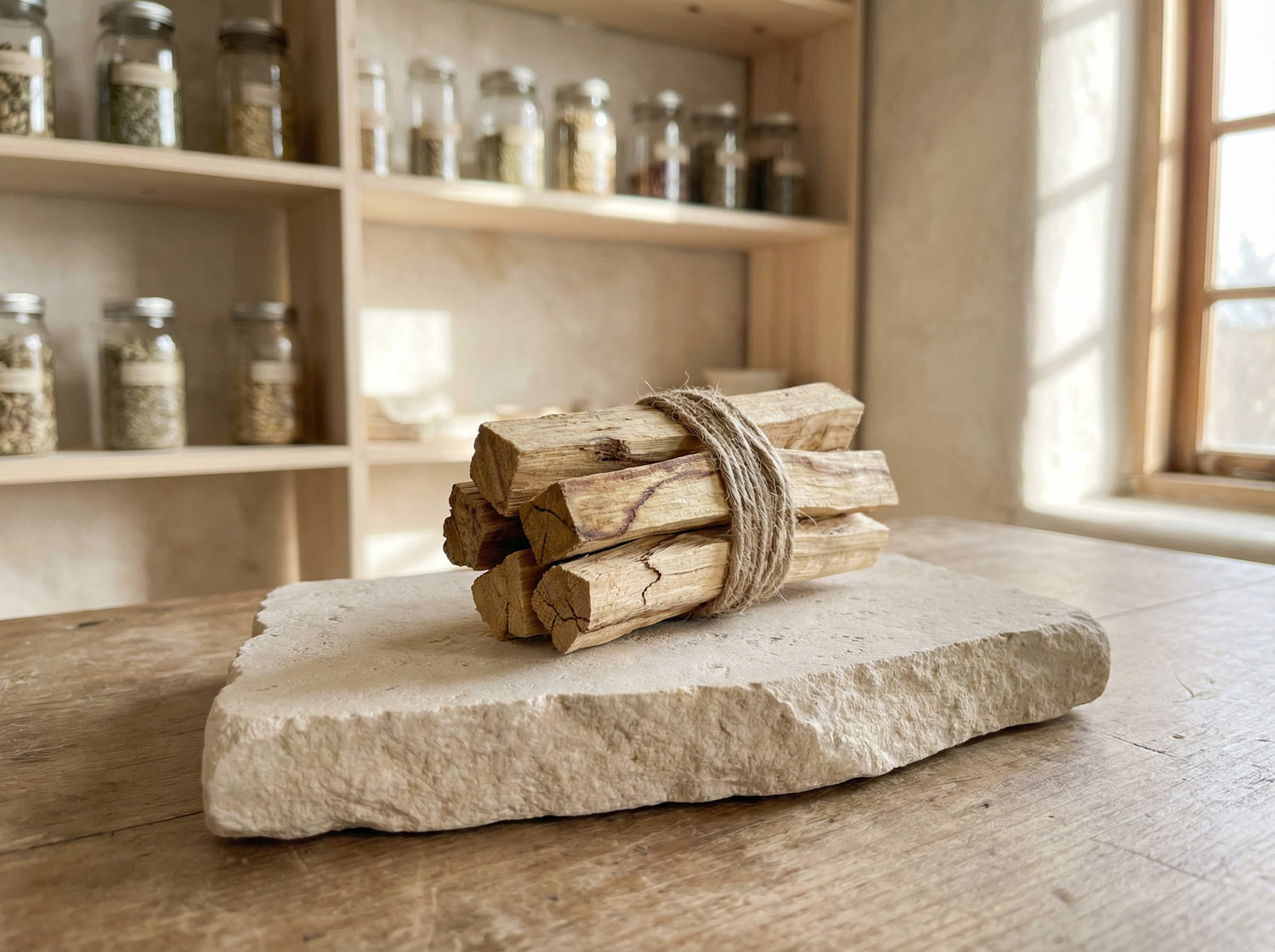 Close-up detail of raw Palo Santo wood texture showing natural aging. Sustainably sourced from the forest floor, ensuring a rich essential oil concentration and authentic citrus-pine aroma.