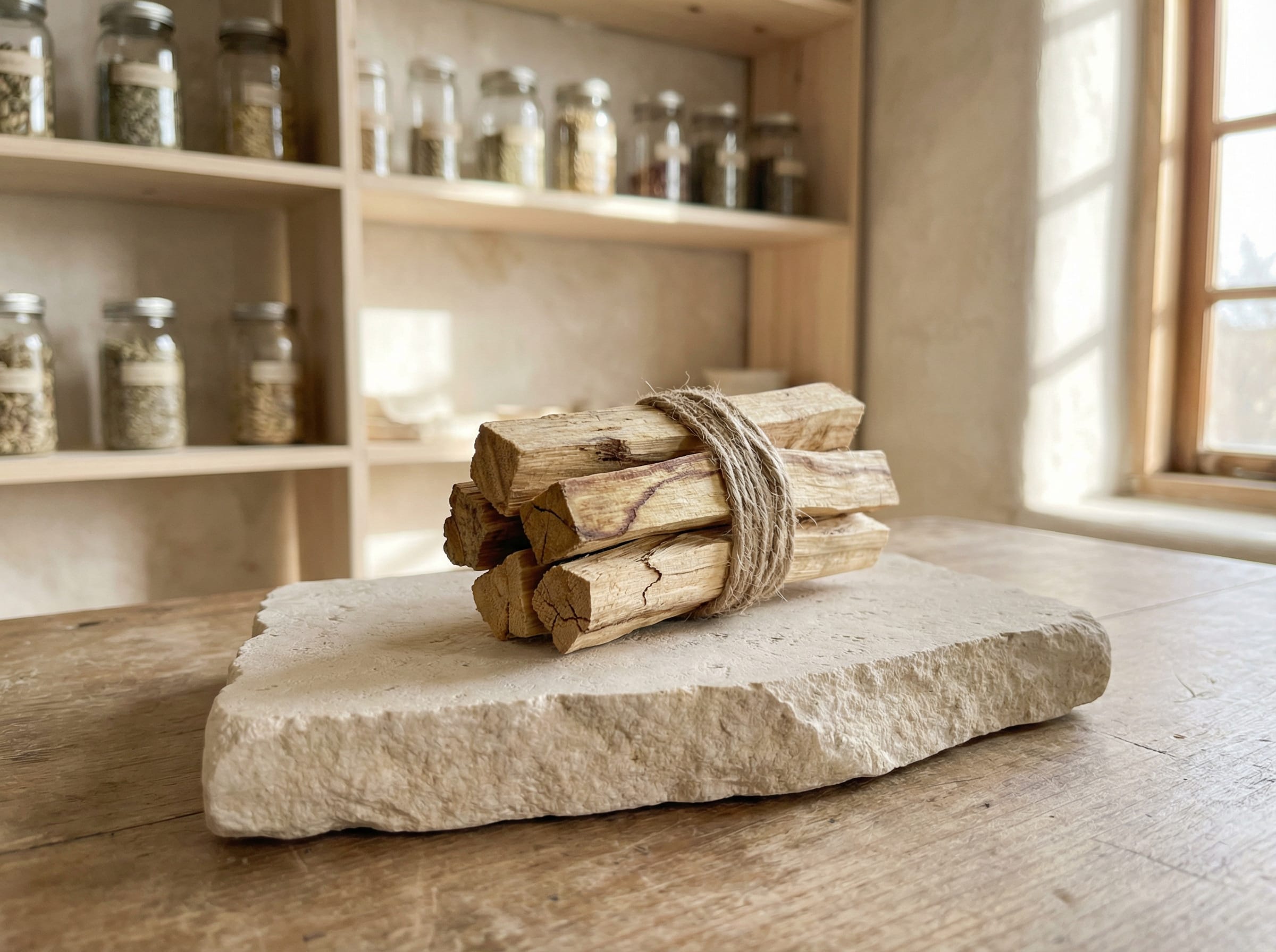 Close-up detail of raw Palo Santo wood texture showing natural aging. Sustainably sourced from the forest floor, ensuring a rich essential oil concentration and authentic citrus-pine aroma.