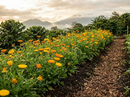 Vibrant orange calendula flowers blooming on a misty mountain farm, showing the natural, living-soil source of our bulk loose petals.