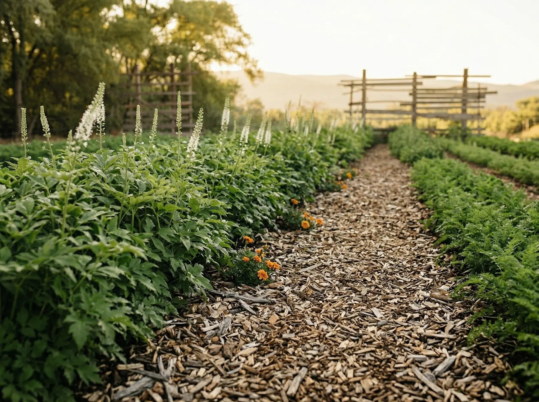 A close-up view of a thriving crop row of black cohosh plants with white flowers on a regenerative farm, bordered by a thick woodchip walkway and illuminated by soft golden hour light.