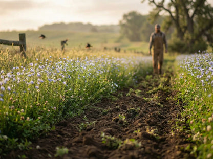 A farmer walking standing between rows of blooming blue flax flowers in a regenerative agriculture field with rich, living soil.