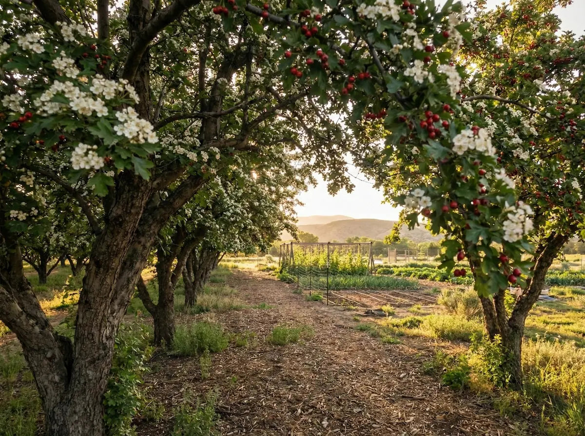 Row of hawthorn trees. 