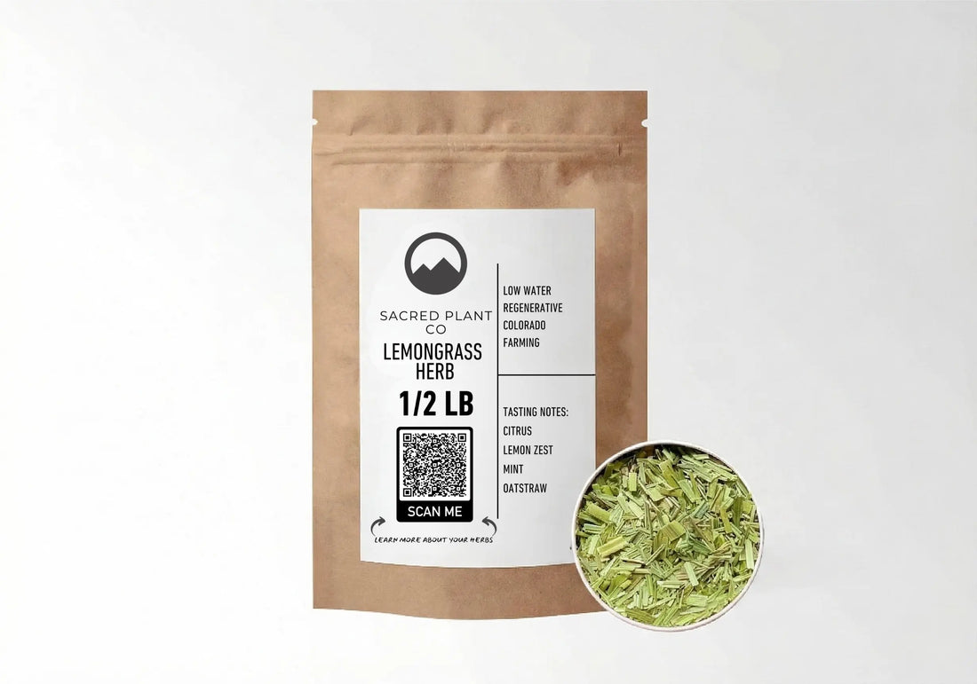 Sacred Plant Co Lemongrass Herb 1/2 LB kraft paper packaging with sample in silver tin showcasing sustainably grown herb for digestive health and calming properties.