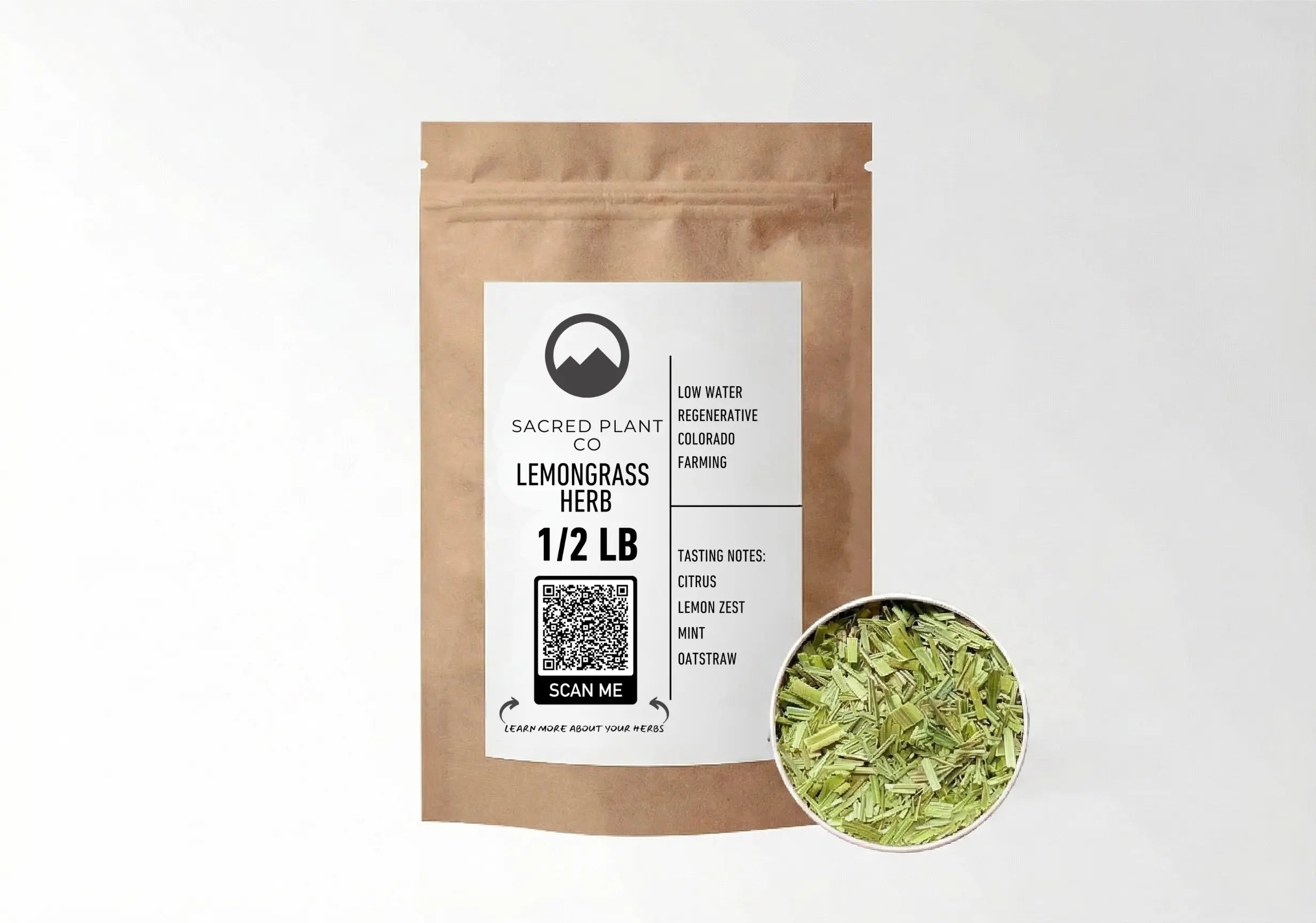 Sacred Plant Co Lemongrass Herb 1/2 LB kraft paper packaging with sample in silver tin showcasing sustainably grown herb for digestive health and calming properties.