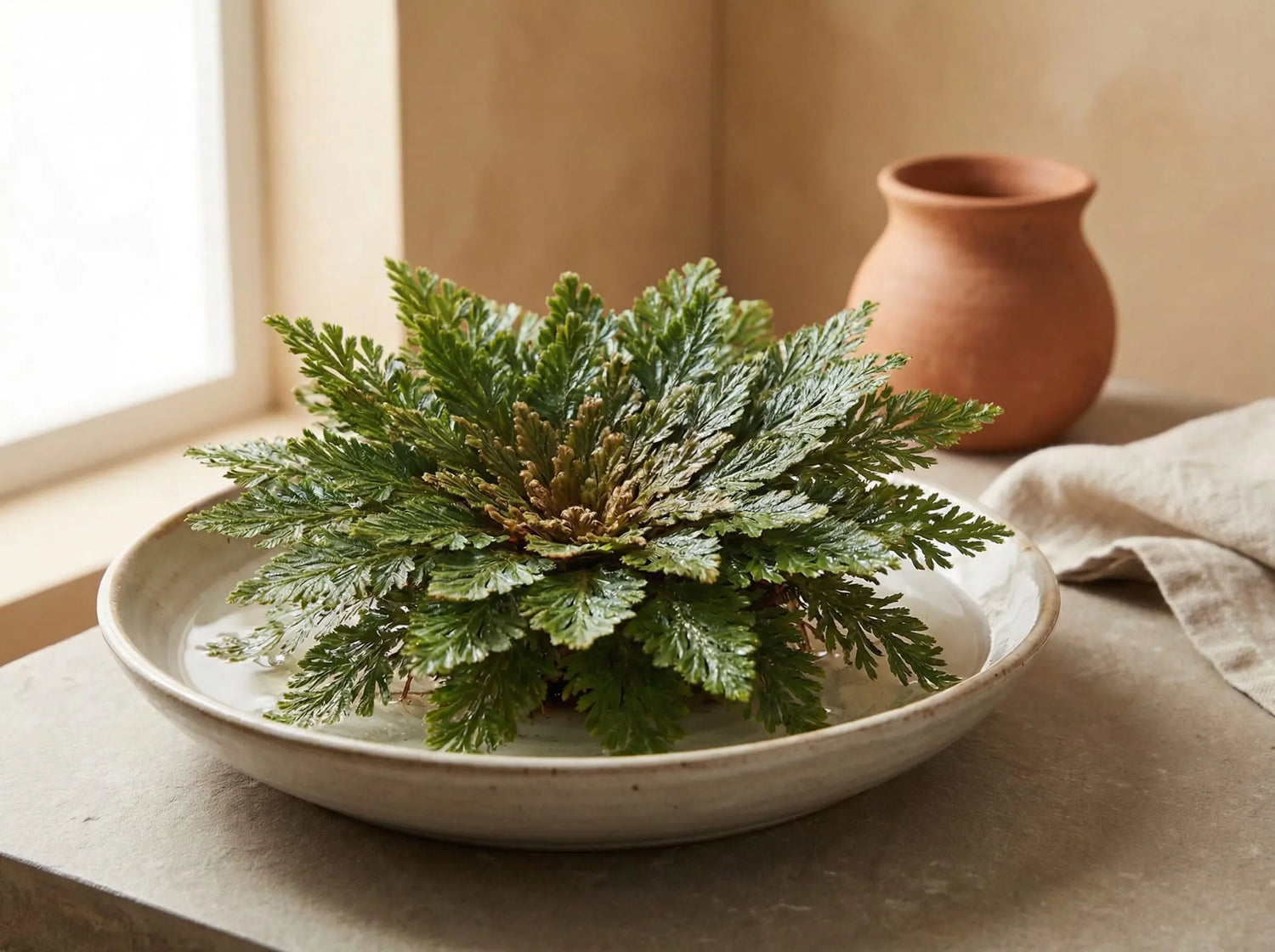 Fully opened green Resurrection Plant in a shallow bowl of water, showing its lush fernlike form