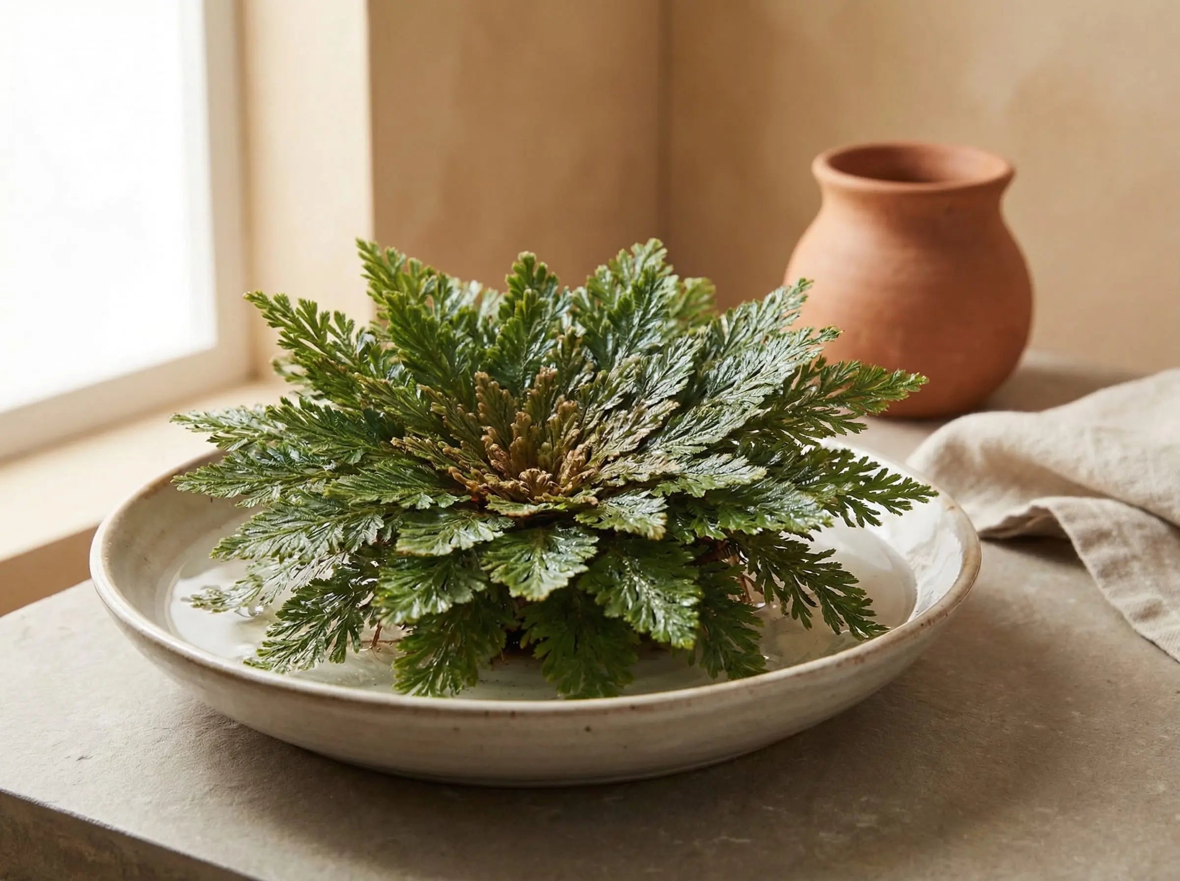 Fully opened green Resurrection Plant in a shallow bowl of water, showing its lush fernlike form