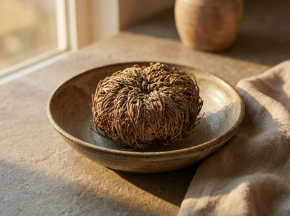 Resurrection Plant beginning to open in a ceramic bowl, illuminated by warm natural light.