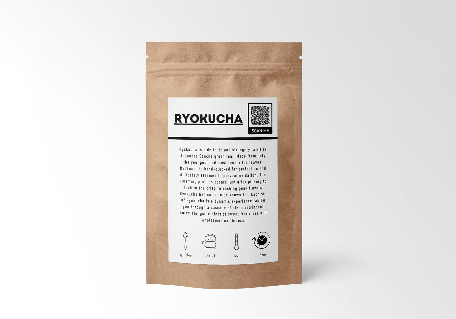 Ryokucha premium loose leaf Sencha green tea from Sacred Plant Co, back of bag. 