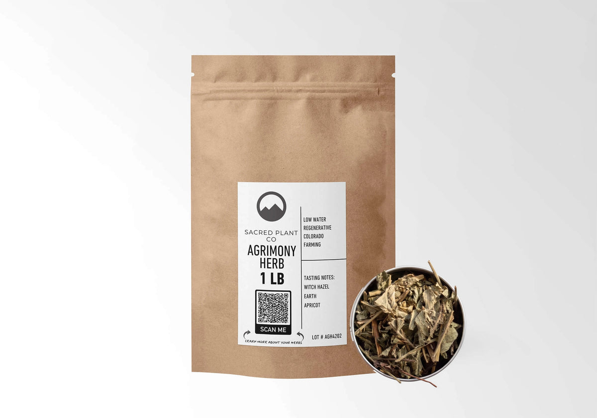 Sacred Plant Co Agrimony Herb 1 LB kraft stand-up pouch shown with a sample of the herb.