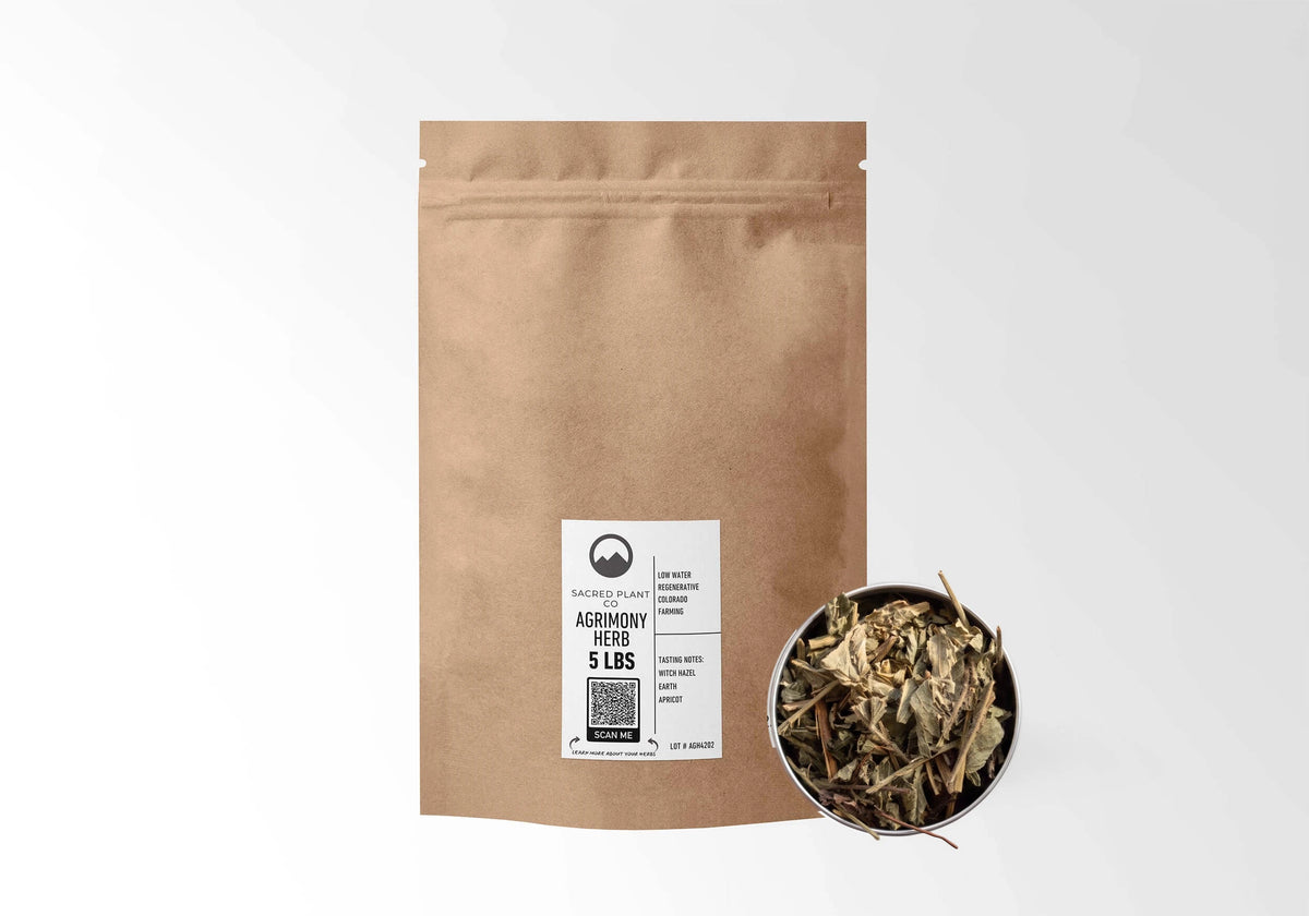 Sacred Plant Co Agrimony Herb 5 LBS kraft stand-up pouch shown with a sample of the herb.