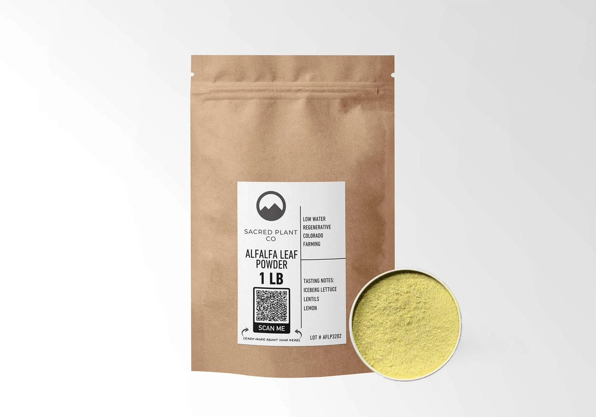 Sacred Plant Co Alfalfa Herb Powder 1 LB kraft stand-up pouch shown with a sample of the herb.