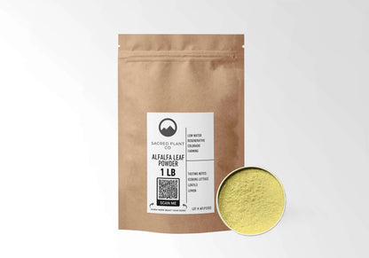 Sacred Plant Co Alfalfa Herb Powder 1 LB kraft stand-up pouch shown with a sample of the herb.