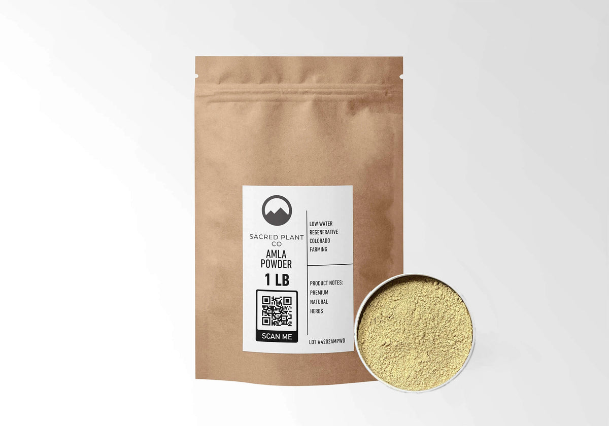 Sacred Plant Co Amla Powder 1 LB kraft stand-up pouch shown with a sample of the powder.
