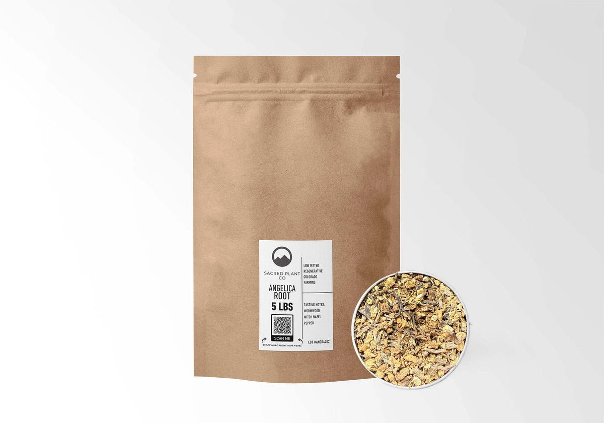 Sacred Plant Co Angelica Root 5 LBS kraft stand-up pouch shown with a sample of the herb.