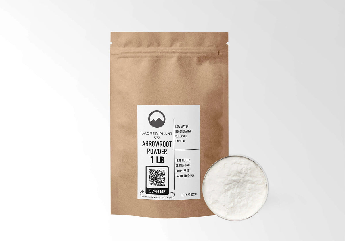 Sacred Plant Co Arrowroot Powder 1 LB kraft stand-up pouch shown with a sample of the powder.