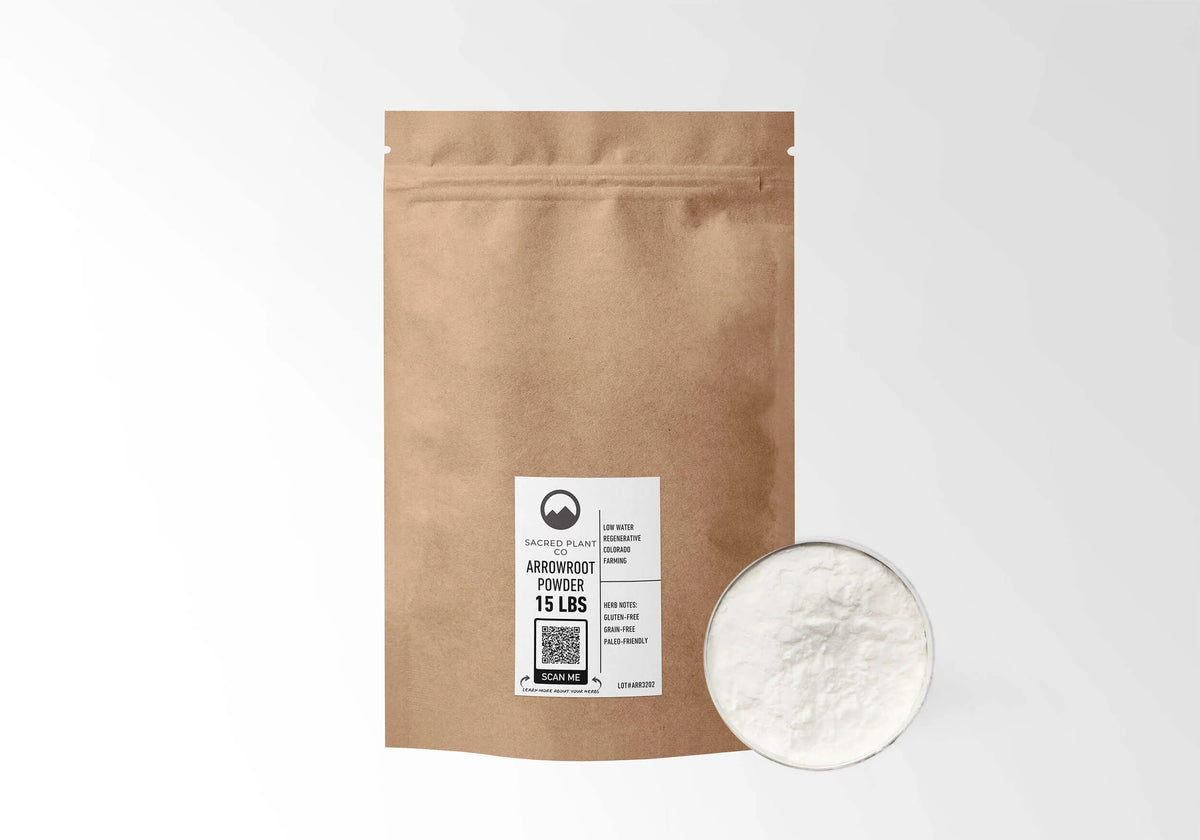 Sacred Plant Co Arrowroot Powder 15 LBS kraft stand-up pouch shown with a sample of the powder.