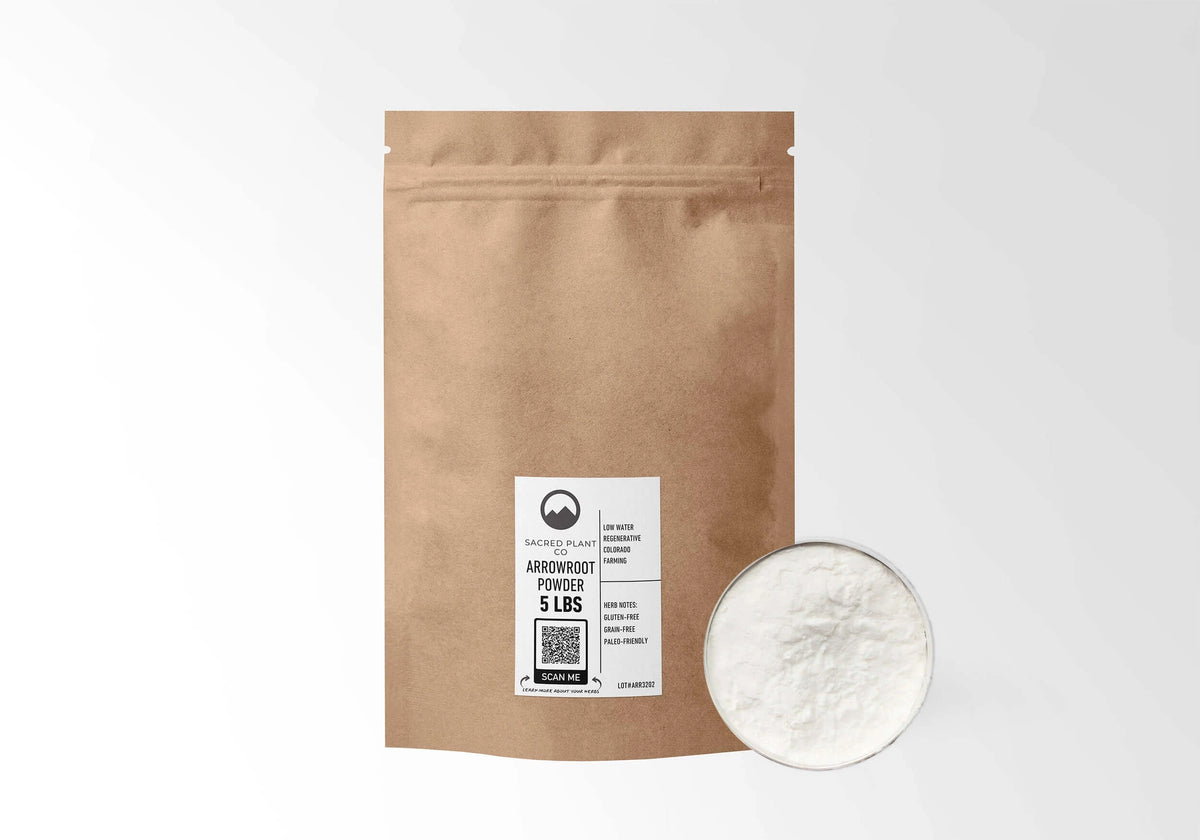 Sacred Plant Co Arrowroot Powder 5 LBS kraft stand-up pouch shown with a sample of the powder.