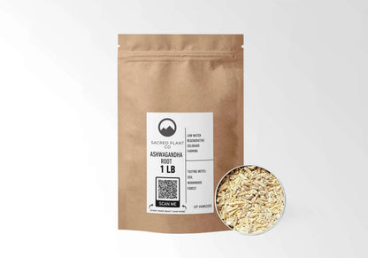 Sacred Plant Co Ashwagandha Root 1 LB kraft stand-up pouch shown with a sample of the herb.