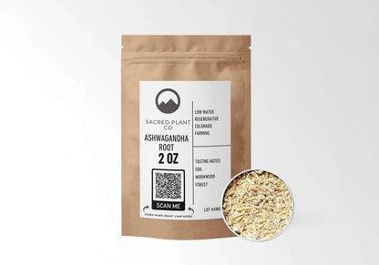 Sacred Plant Co Ashwagandha Root 2 oz in a kraft stand-up pouch with a sample in a silver tin.