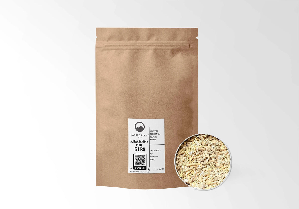 Sacred Plant Co Ashwagandha Root 5 LBS kraft stand-up pouch shown with a sample of the herb.