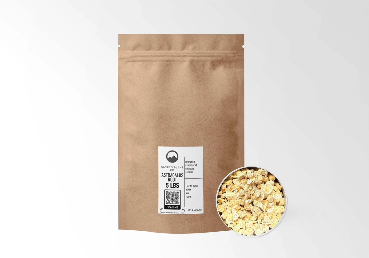 Sacred Plant Co Astragalus Root 5 LBS kraft stand-up pouch shown with a sample of the herb.