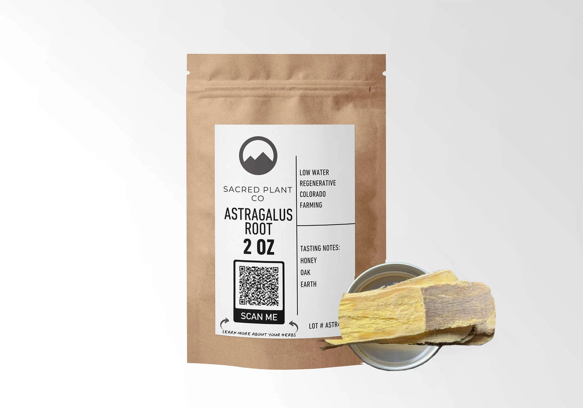 Sacred Plant Co Astragalus Root Slices 2 oz kraft stand-up pouch shown with a sample of the slices.