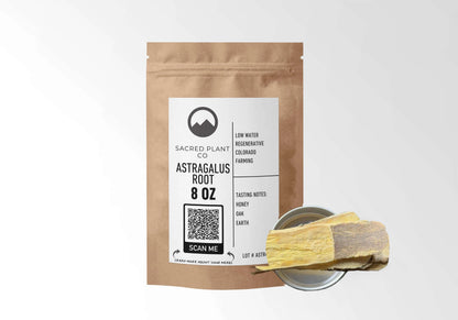 Sacred Plant Co Astragalus Root Slices 8 oz kraft stand-up pouch shown with a sample of the slices.