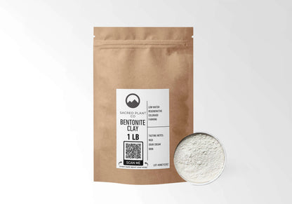 Sacred Plant Co Bentonite Clay Powder 1 LB kraft stand-up pouch shown with a sample of the clay.