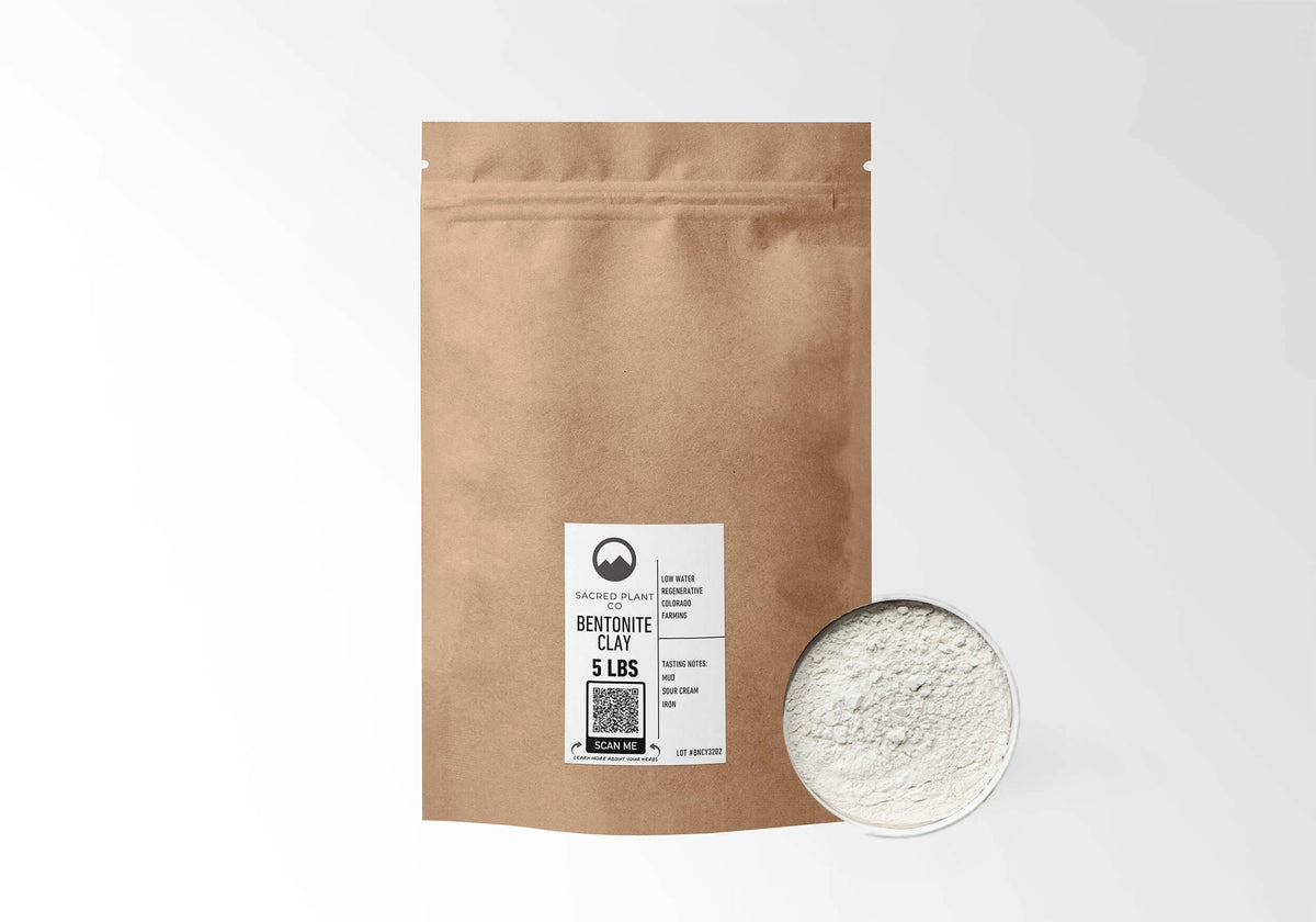 Sacred Plant Co Bentonite Clay Powder 5 LBS kraft stand-up pouch shown with a sample of the clay.