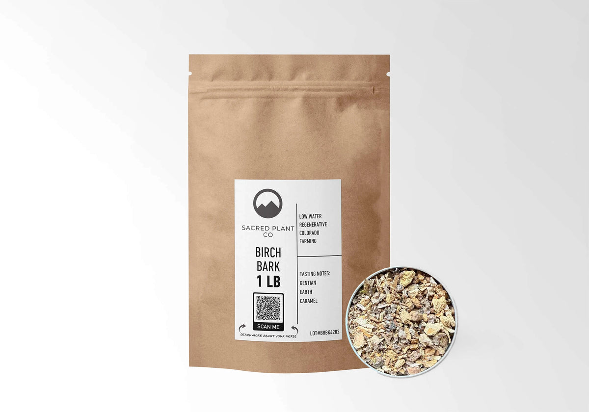 Sacred Plant Co Birch Bark 1 LB kraft stand-up pouch shown with a sample of the herb.