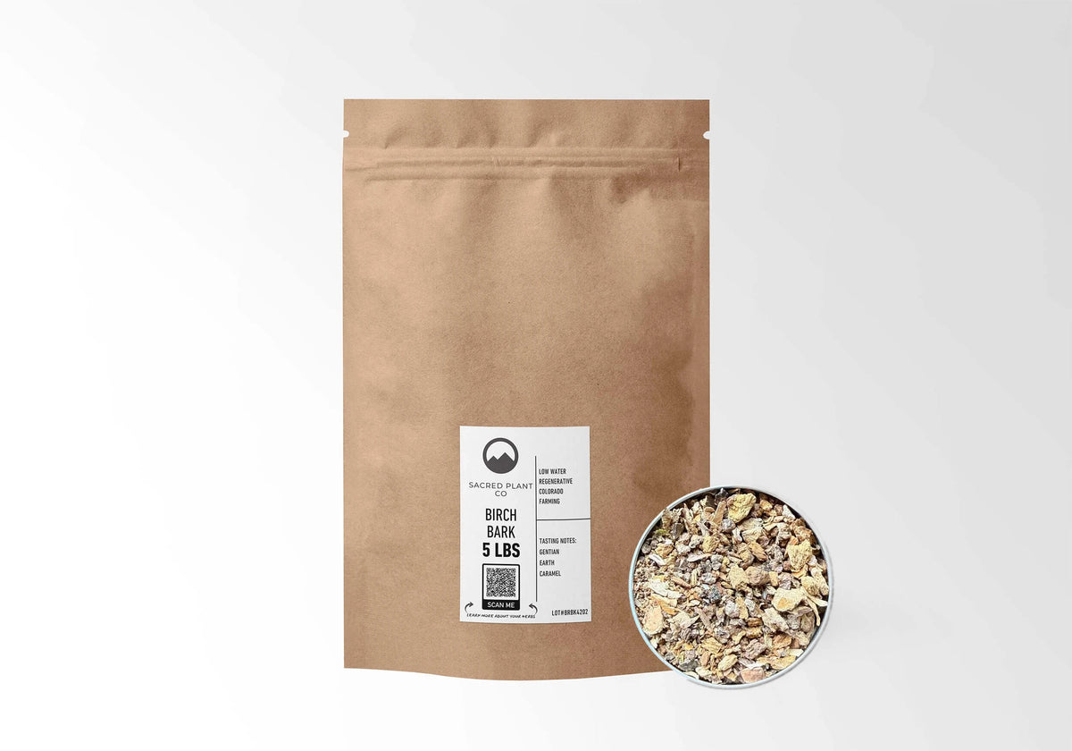 Sacred Plant Co Birch Bark 5 LBS kraft stand-up pouch shown with a sample of the herb.