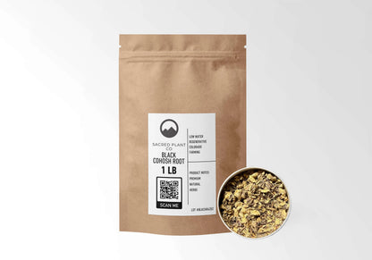 Sacred Plant Co Black Cohosh Root 1 LB kraft stand-up pouch shown with a sample of the herb.
