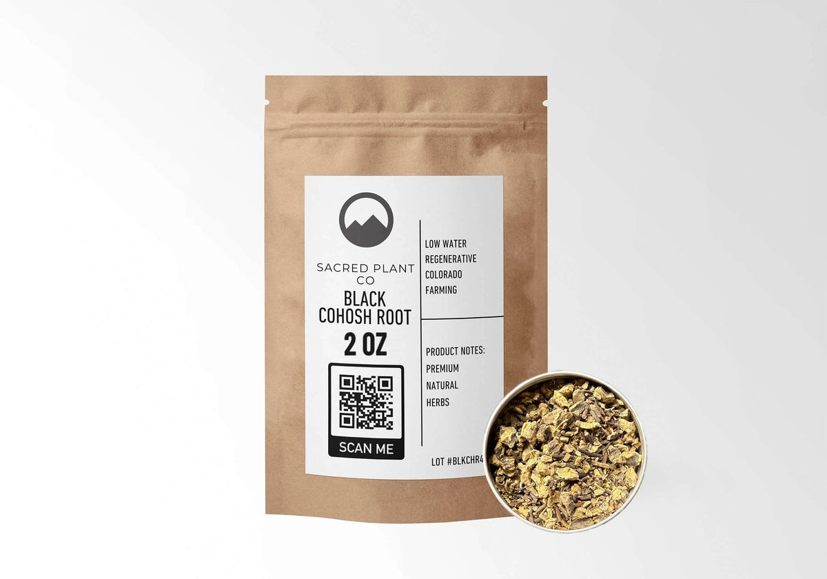 Sacred Plant Co Black Cohosh Root 2 oz in a kraft stand-up pouch with a sample in a silver tin.